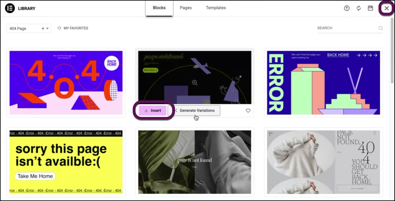 The highlighted Insert and X buttons will lead to the Elementor Editor