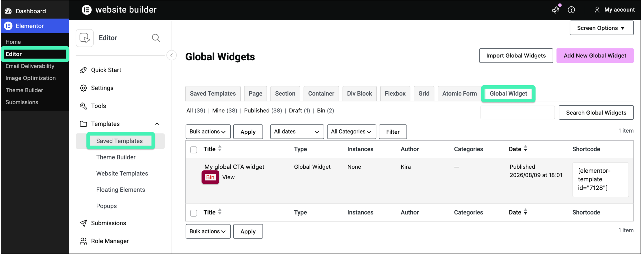 delete global widget