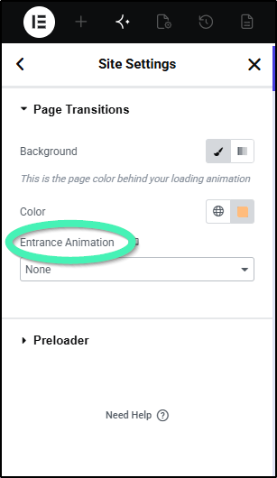 Entrance animation  in site settings showing available options