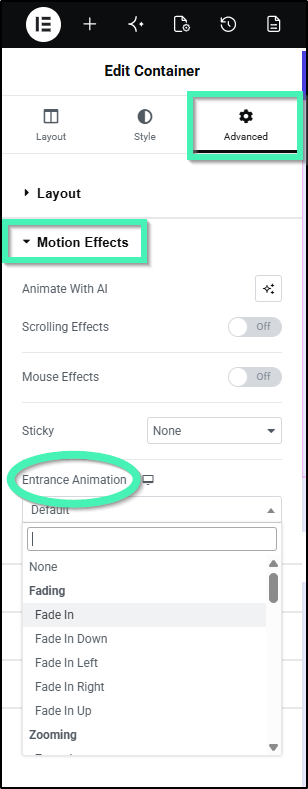 Elementor settings showing entrance animation options
