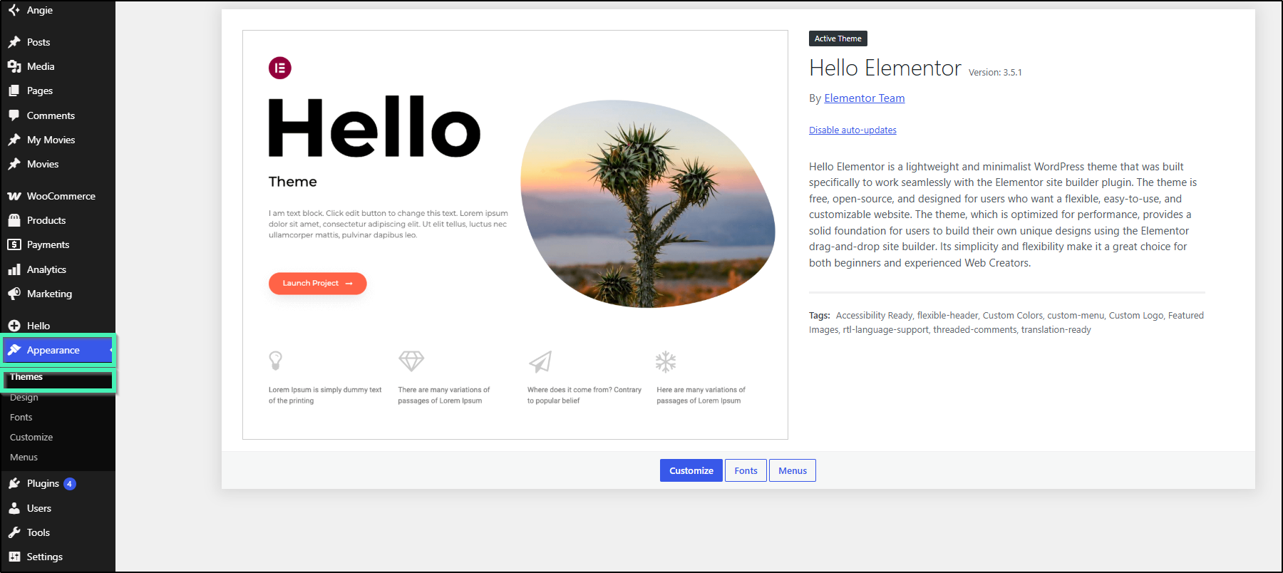 Wordpress settings showing Hello theme