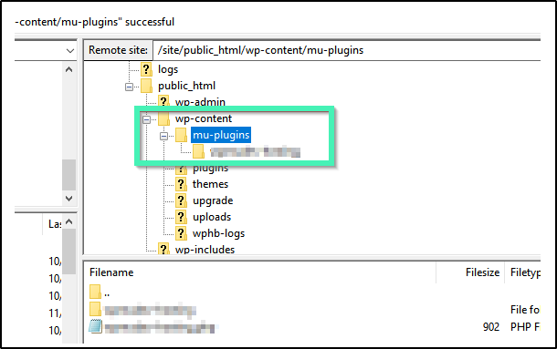 FTP manager showing wp content folder containg mu-plugins
