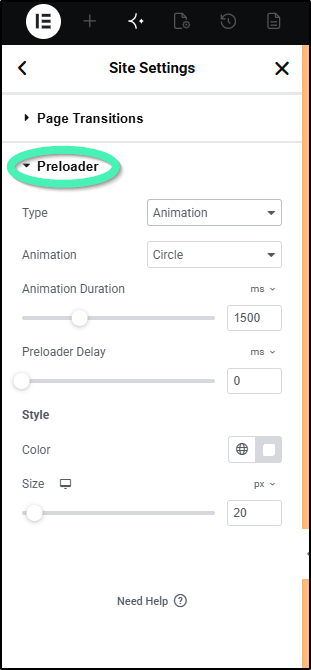 Site Settings showing preloader options