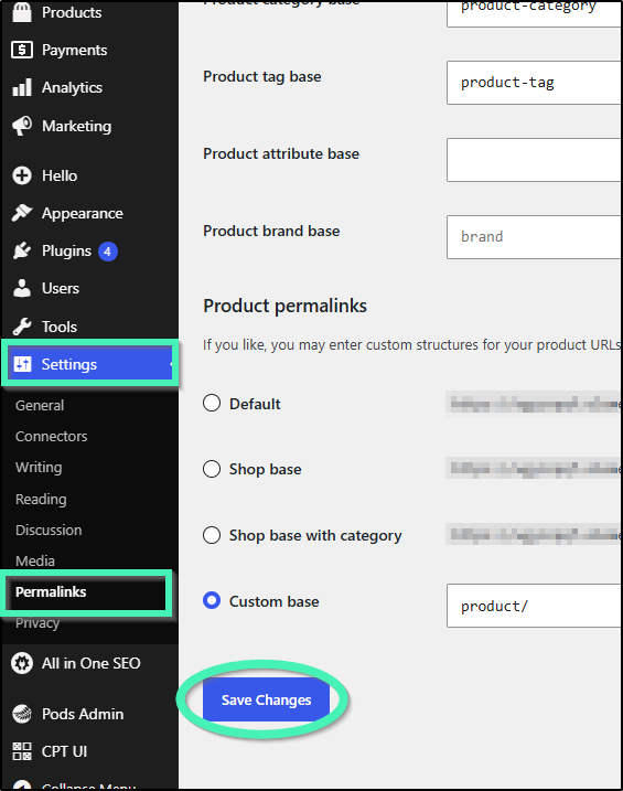 wordpress settings showing permalinks menu