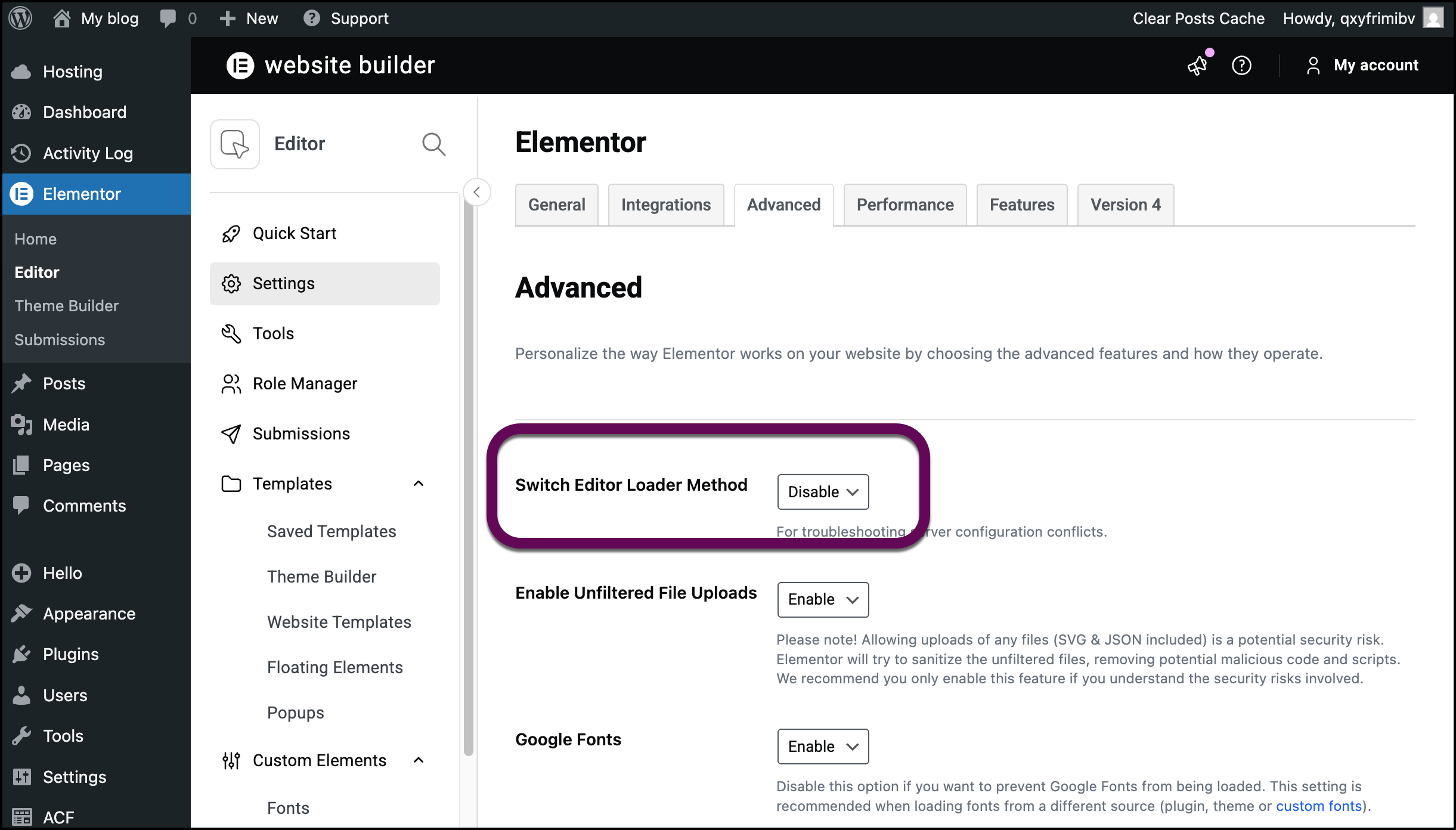 The switch loader method dropdown menu