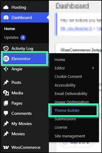 WordPress WP Admin sidebar displaying Templates menu with Theme Builder selected to manage dynamic archive templates in Elementor
