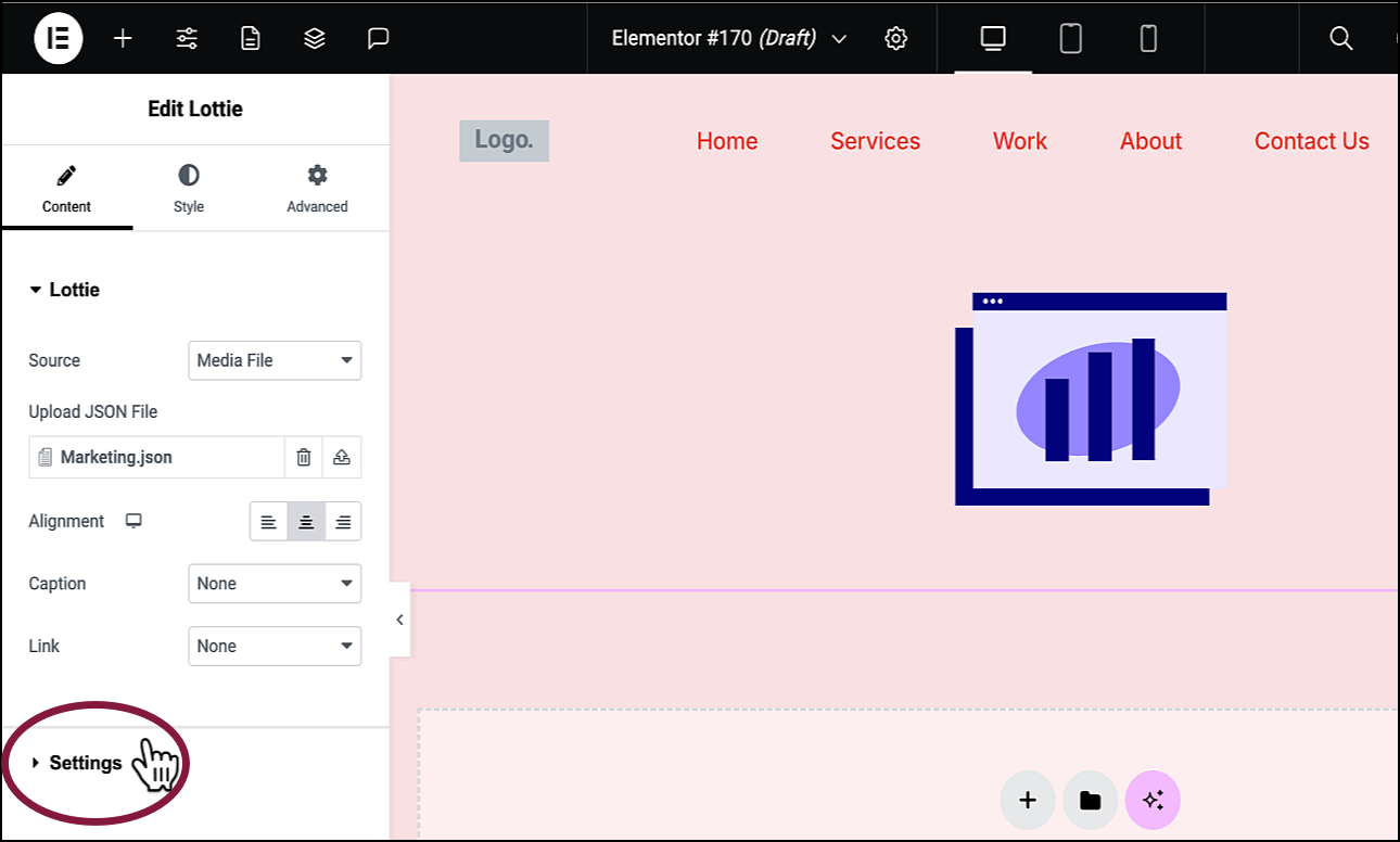 3 Open the Settings field Lottie widget 9