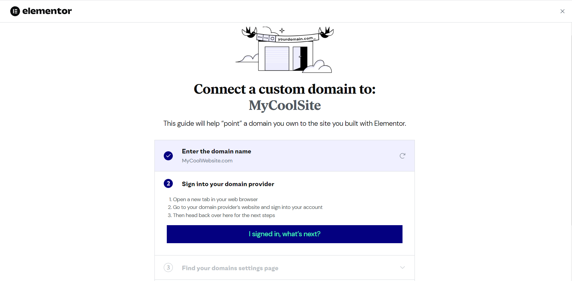 Window begining the procedure to point your domain to your Elementor site.