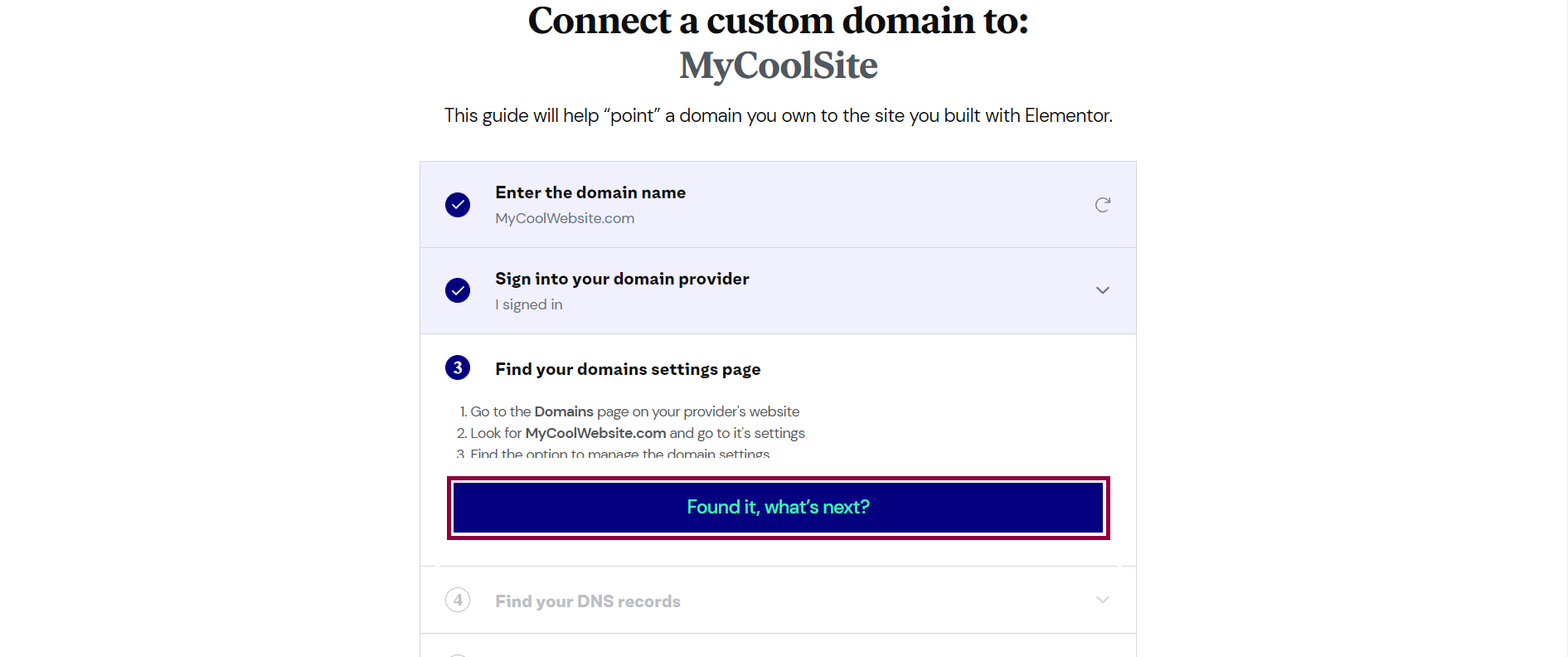 Connect domain window after finding the domains settings page of your provider