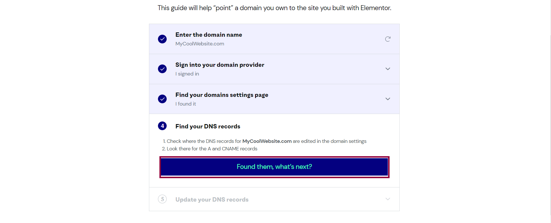 Domain Connect window after locating the A and CNAME records.