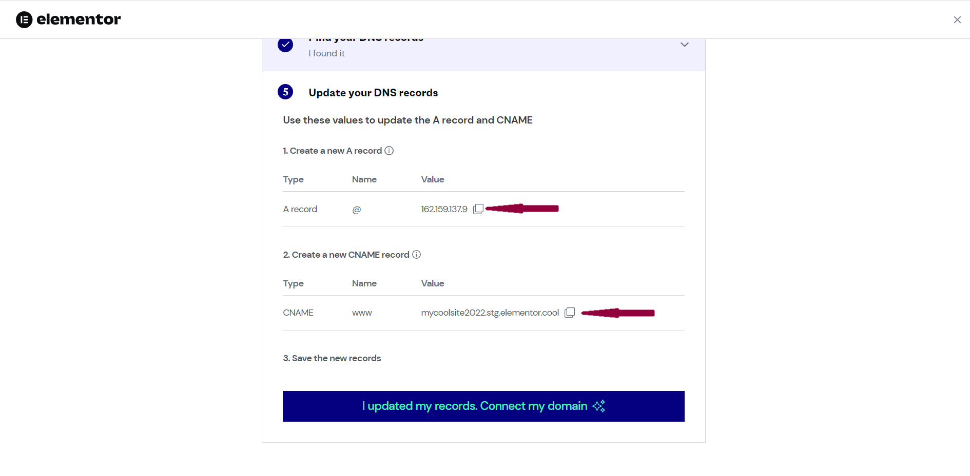 The icons used to copy the A and CNAME records