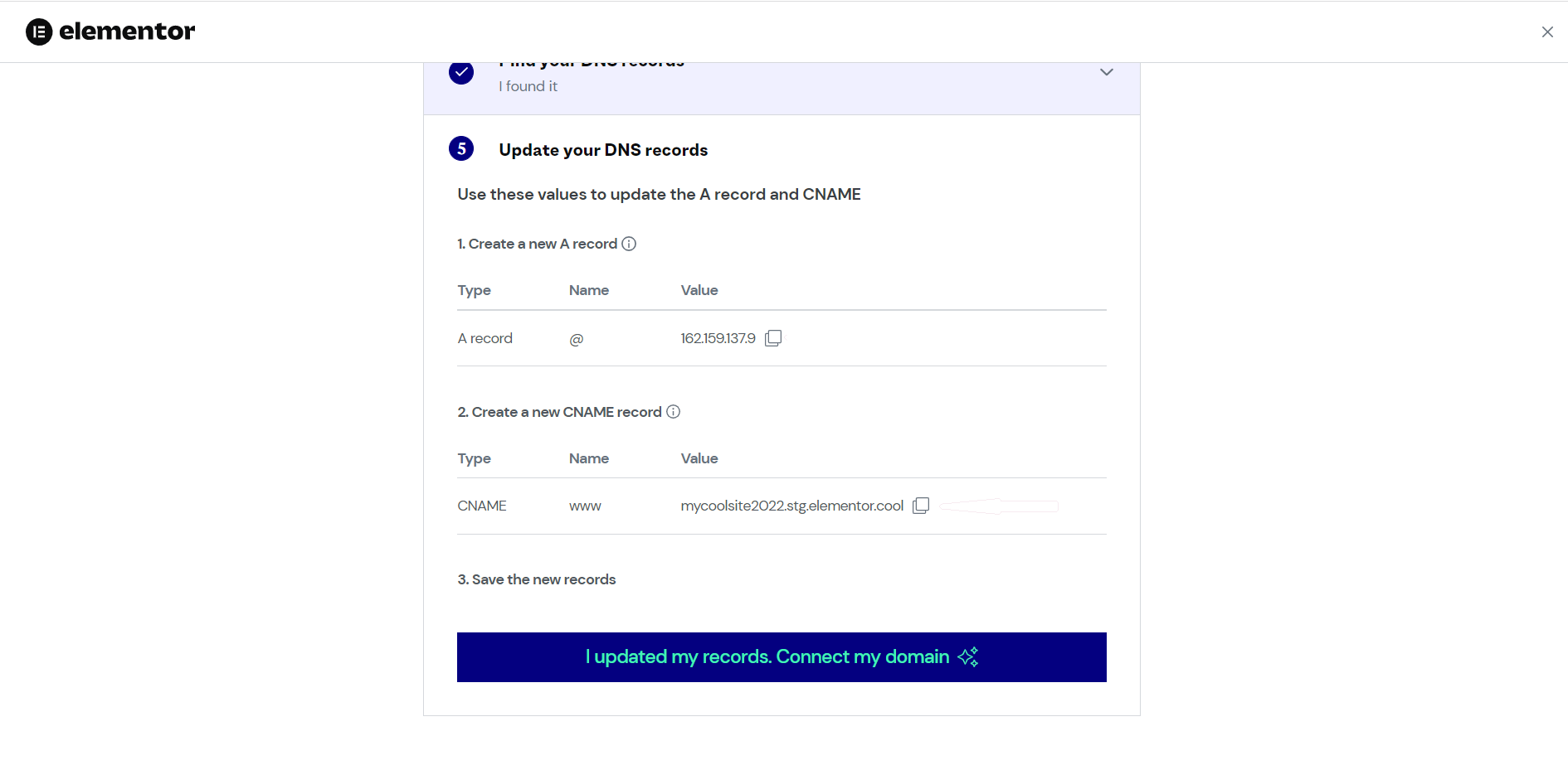 The window to finish connecting your domain