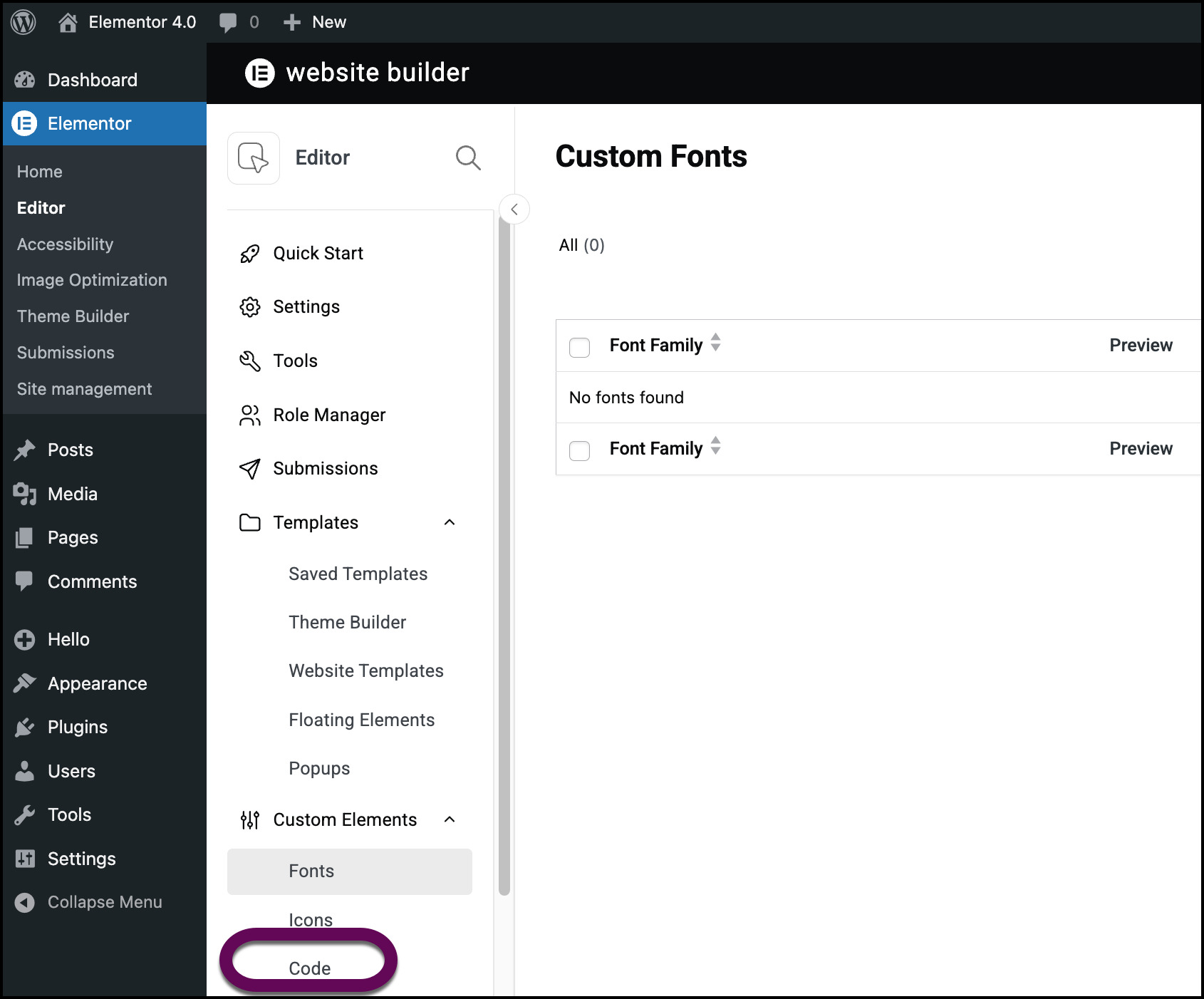 The Code link will open the Custom Code interface