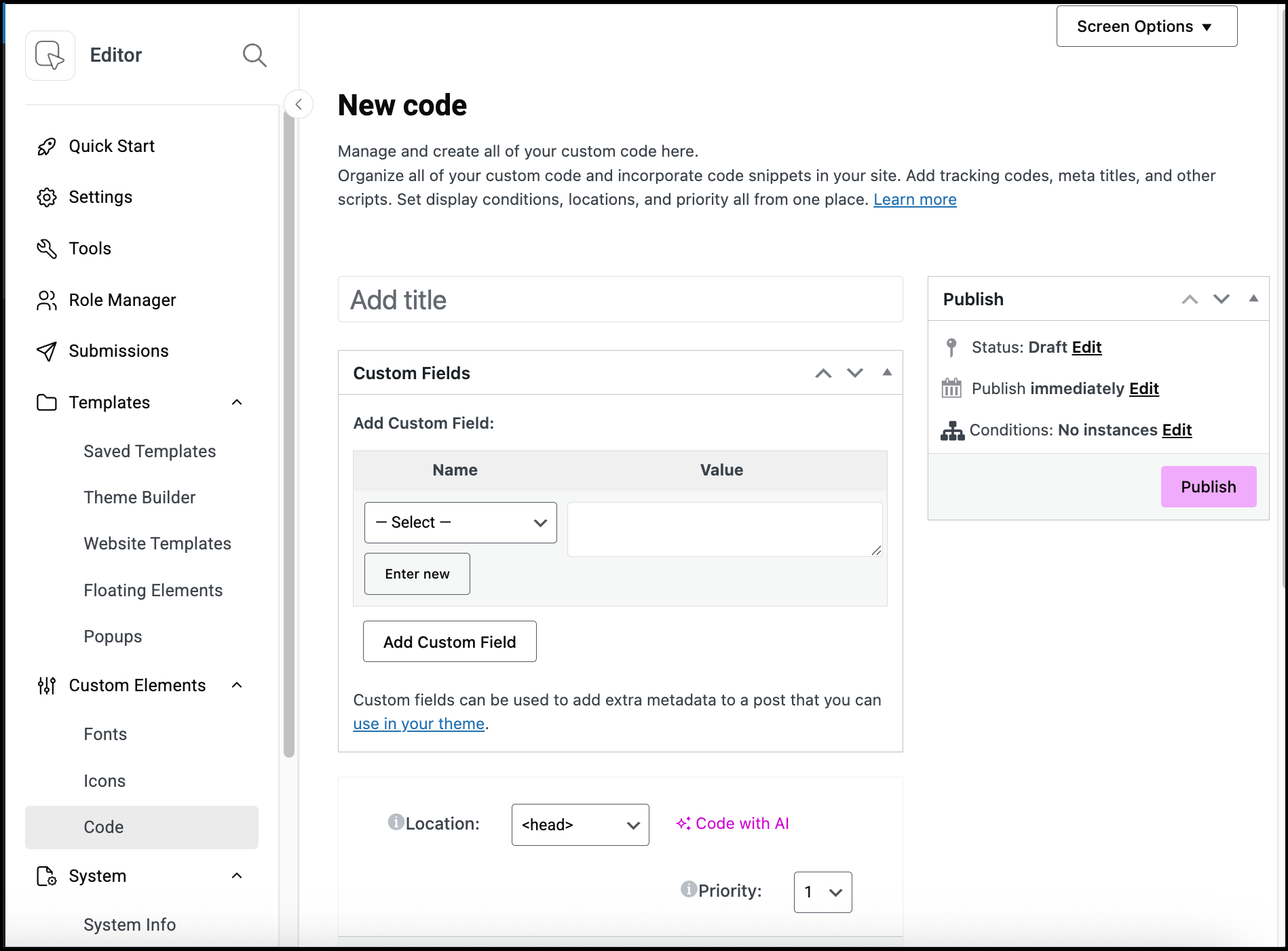 The new code screen where you name and add your code