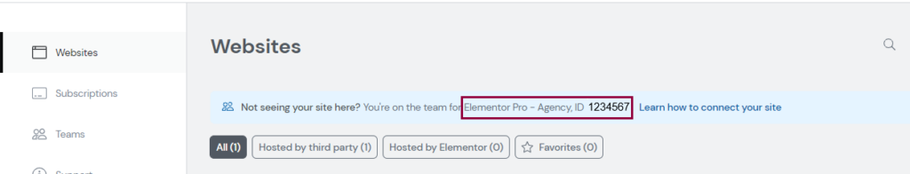 The Website card with the Elementor Pro subscription ID.