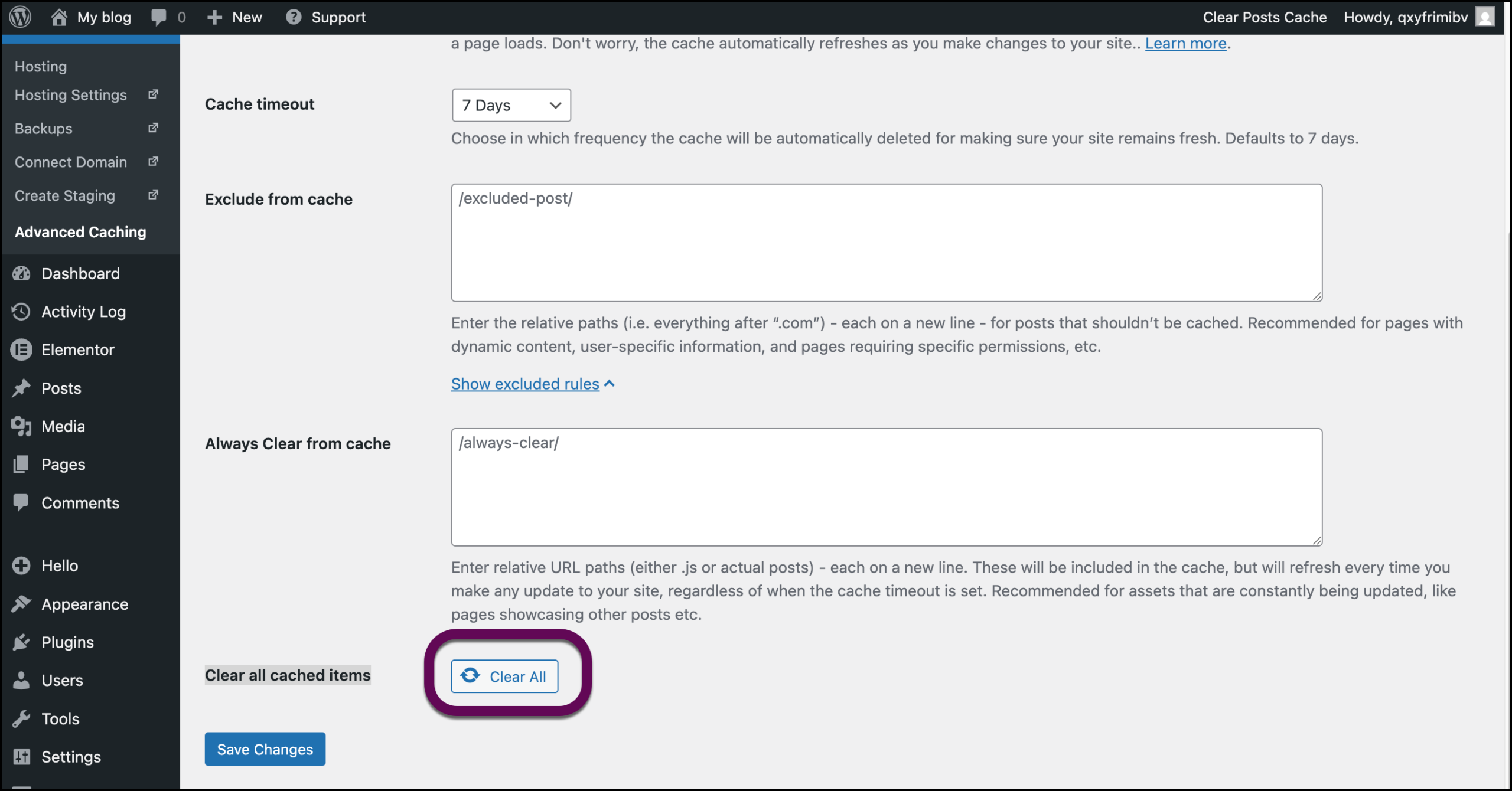 Click Clear all to clear the server cache.