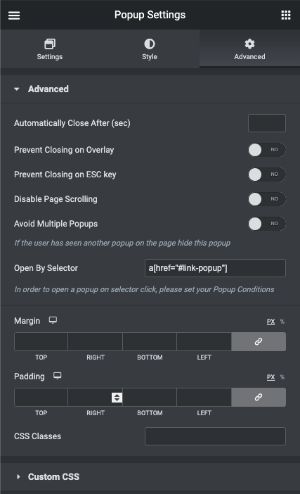 Popup Settings Trigger an Elementor popup on a link click 1