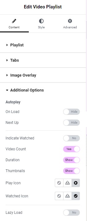 Content tab Additional Settings Video Playlist widget 30