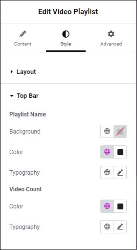 Style tab Top Bar Video Playlist widget 46