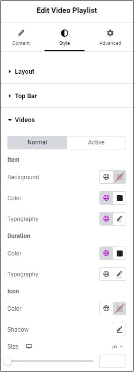 Style tab Videos Video Playlist widget 48