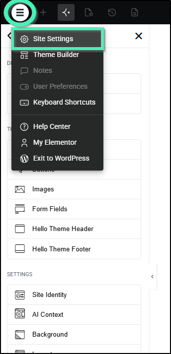 Elementor Editor interface displaying the Site Settings global configuration menu panel