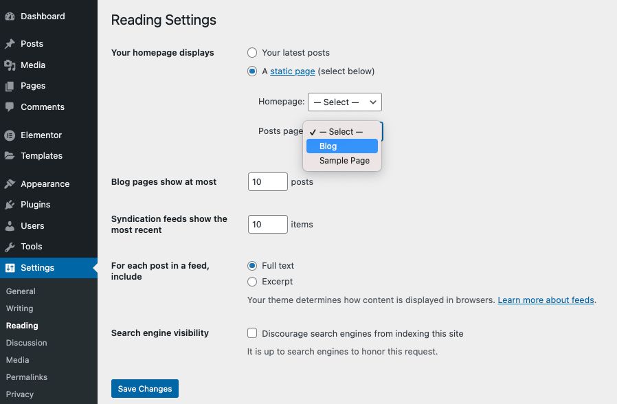 Reading Settings Create a blog website 55