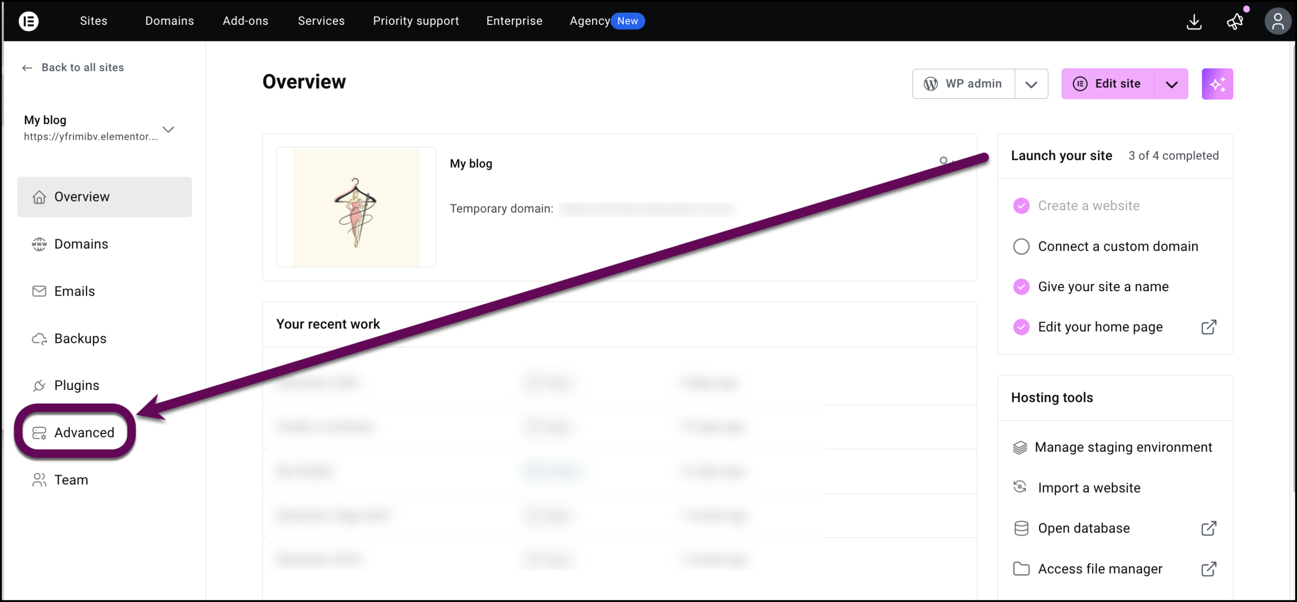 The Advanced tab of the site section of the My Elementor dashboard.