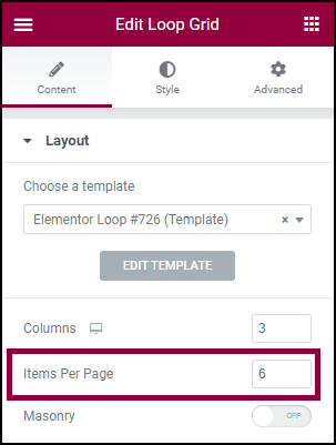 Number of items on page Customize the layout of a Loop Grid 67