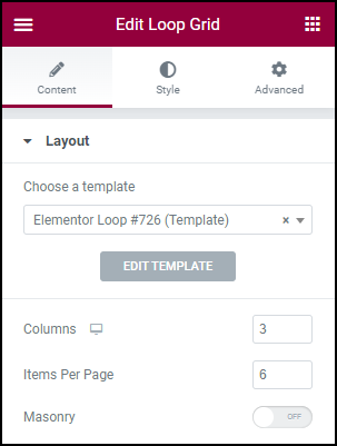 Open the layout section Customize the layout of a Loop Grid 1