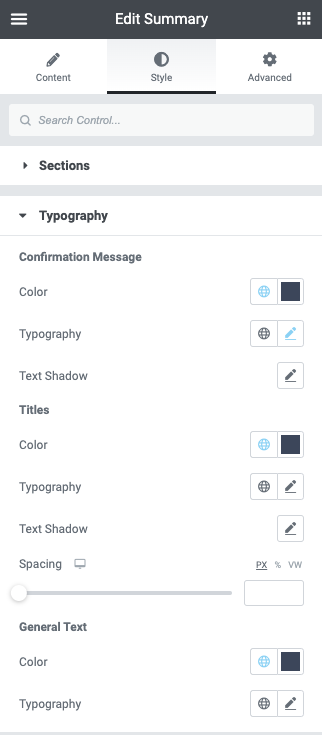 typography styles of Summary WooCommerce Purchase Summary widget 25