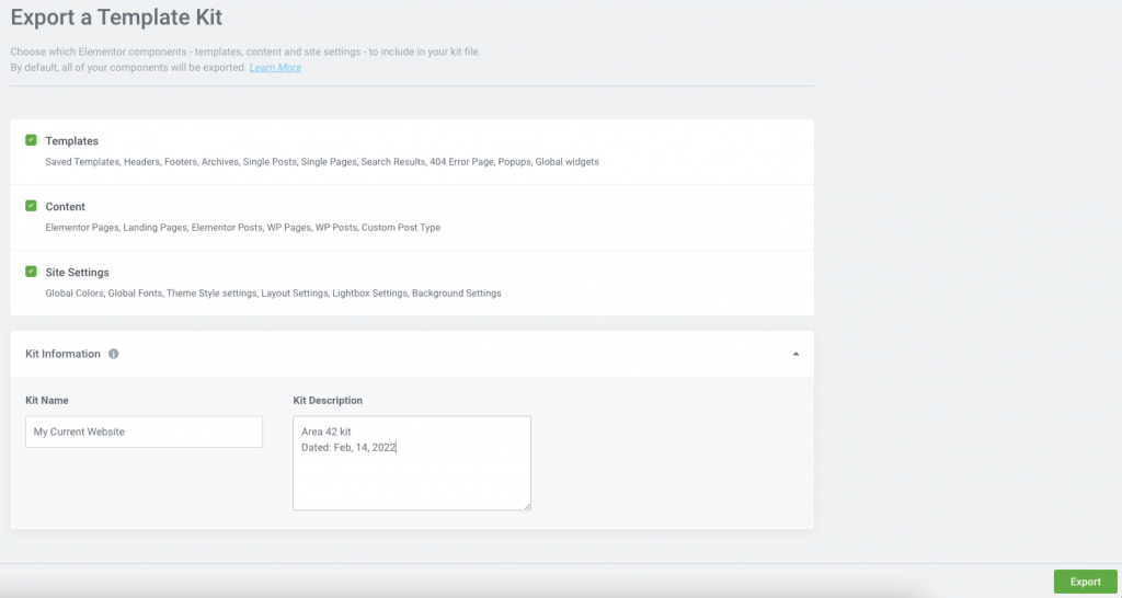 Export Kit Starting without an Elementor Site Kit (Hosting only) 1