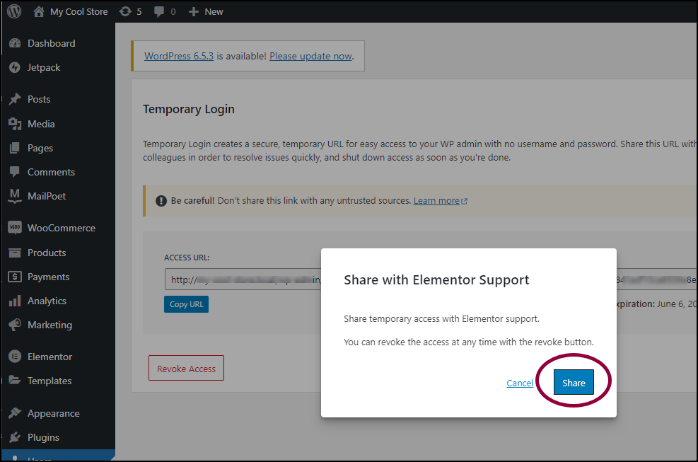 Click Share to confim How do I issue temporary credentials to support? 15
