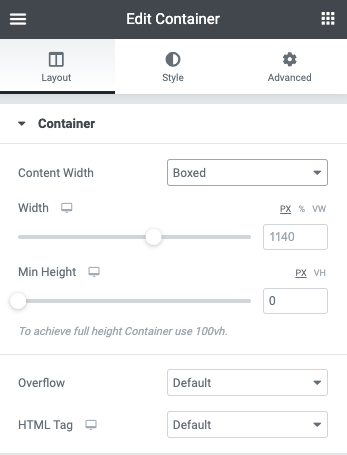 Container Layout Tab Define container layout 1