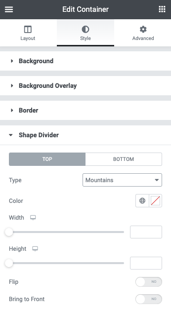 Container Shape Divider Container Style tab settings 147