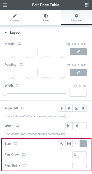 Widget Advanced Settings Size Elementor