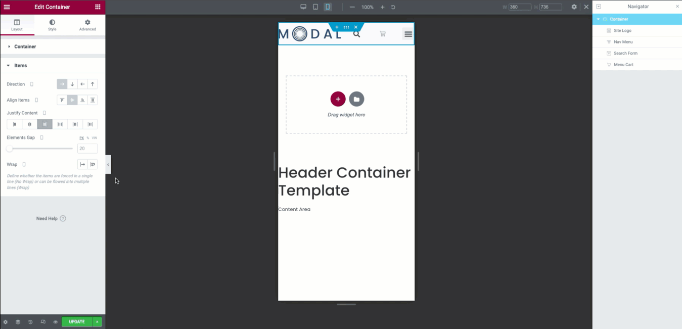 Step Seven 1 Create a header template using Flexbox Container 15