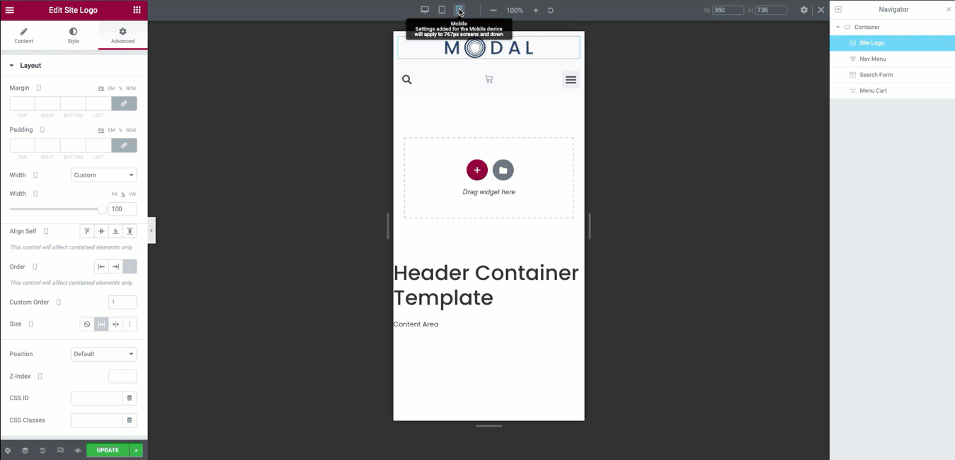 Step eight 1 Create a header template using Flexbox Container 1