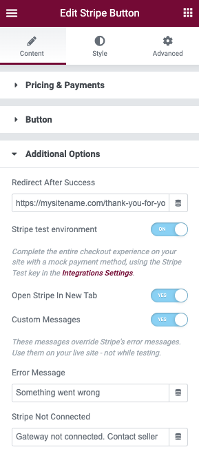 Additional Options Stripe Button widget 11