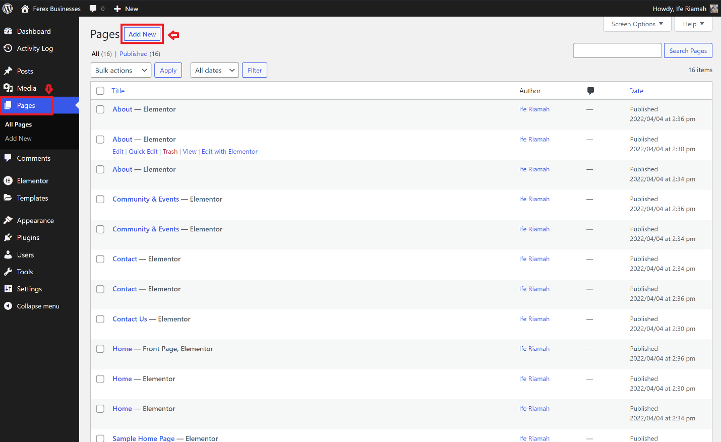 Screenshot of the WordPress dashboard. The "Pages" and "Add New" buttons are highlighted in red boxes.