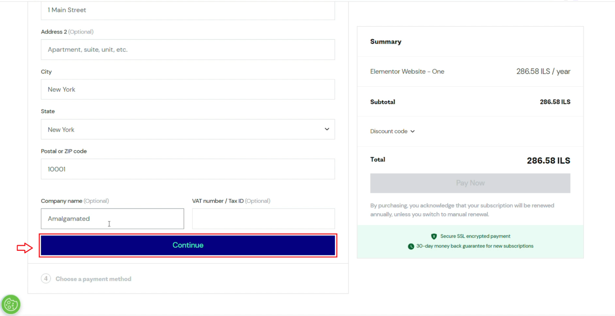 Screenshot of the form the buyer needs to complete before proceeding with the rest of the transaction.
