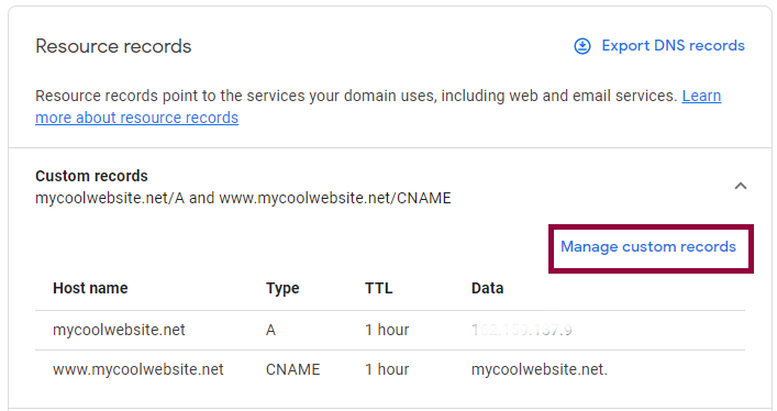5 click manage custom records Connecting your Google domain name to an Elementor hosted website 23