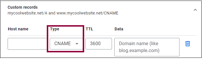 6 type dropdown CNAME Connecting your Google domain name to an Elementor hosted website 30