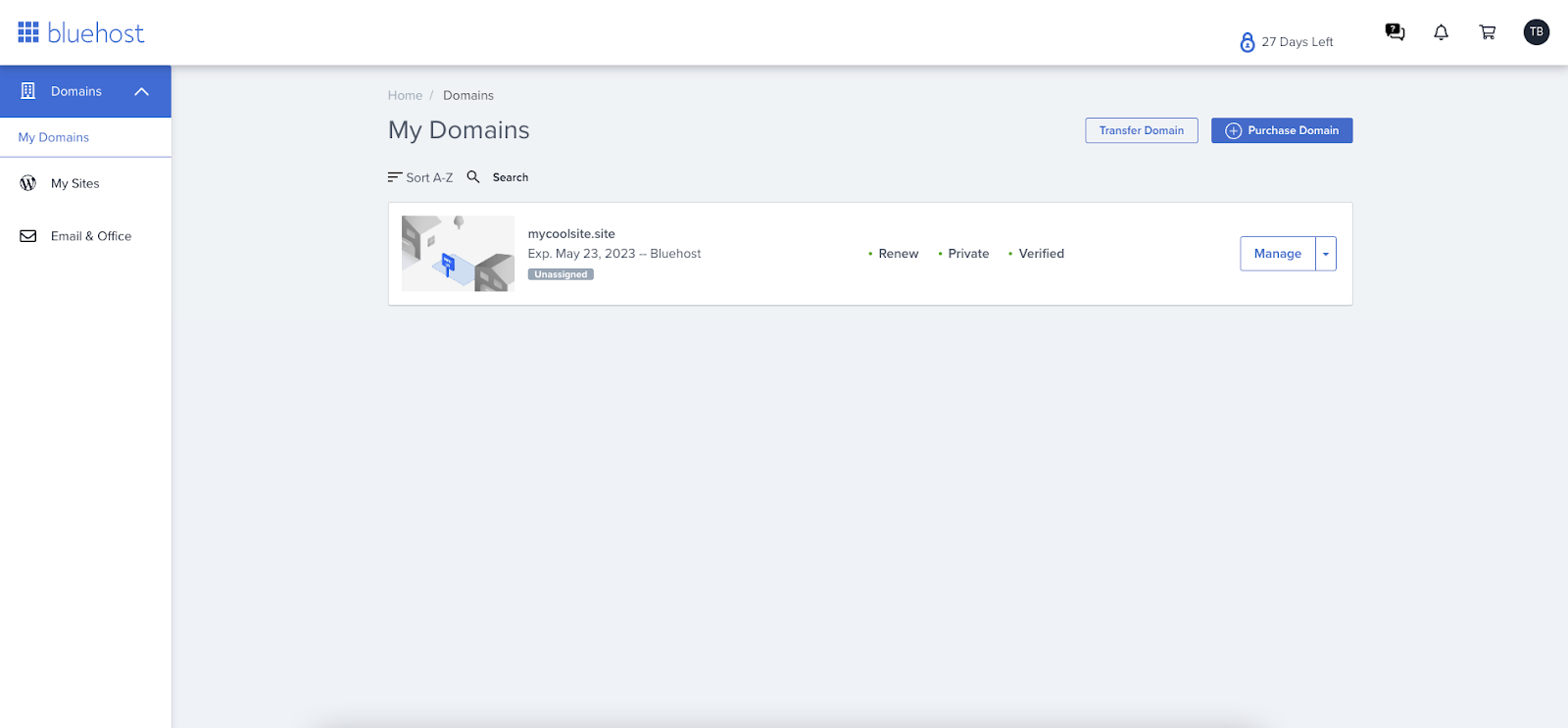 Screenshot of your domains in Bluehost.