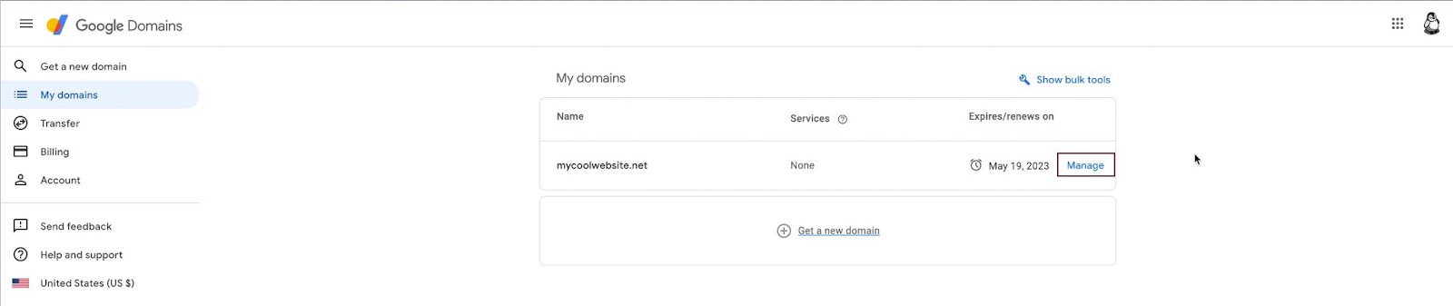 Screenshot of My Domains where you can select and manage your Elementor Cloud Website.