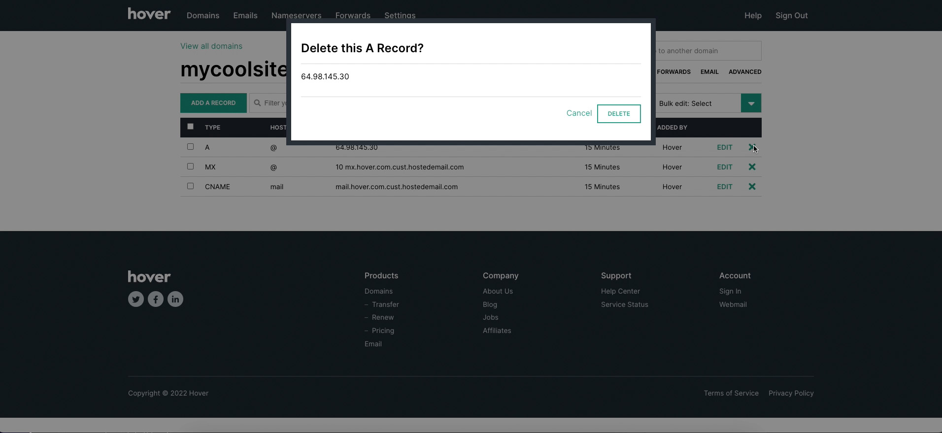 Screenshot of deleting an A record from the DNS settings on Hover domains.