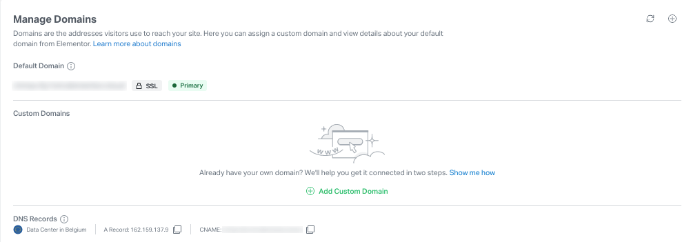 The Manage Domains screen allows you to add a custom domain to your Elementor Cloud Website.