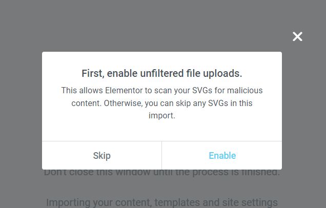 Screenshot of prompt asking permission to enable Elementor to scan SVG files for malware during the import process.