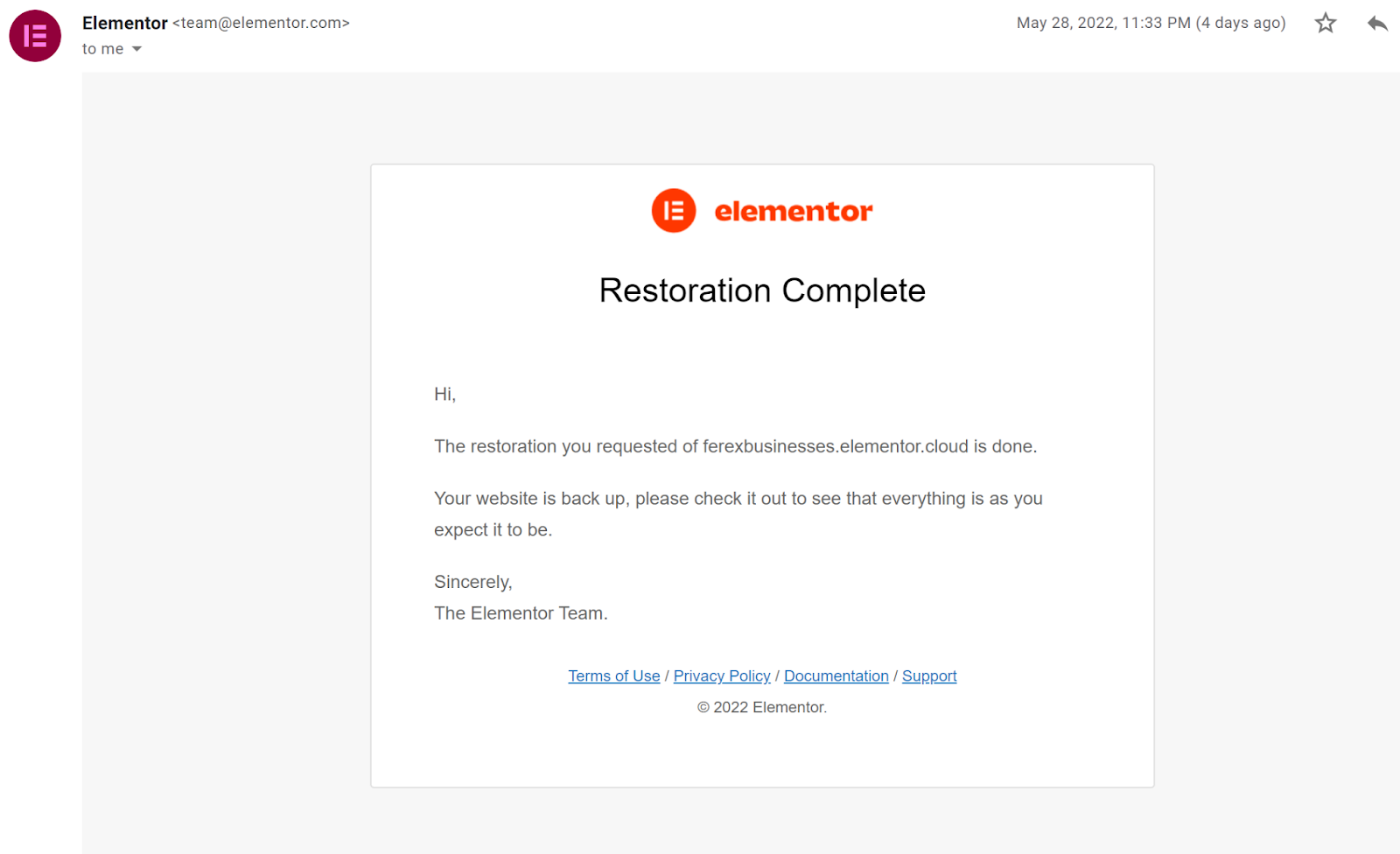 Screenshot of the Elementor confirmation email
