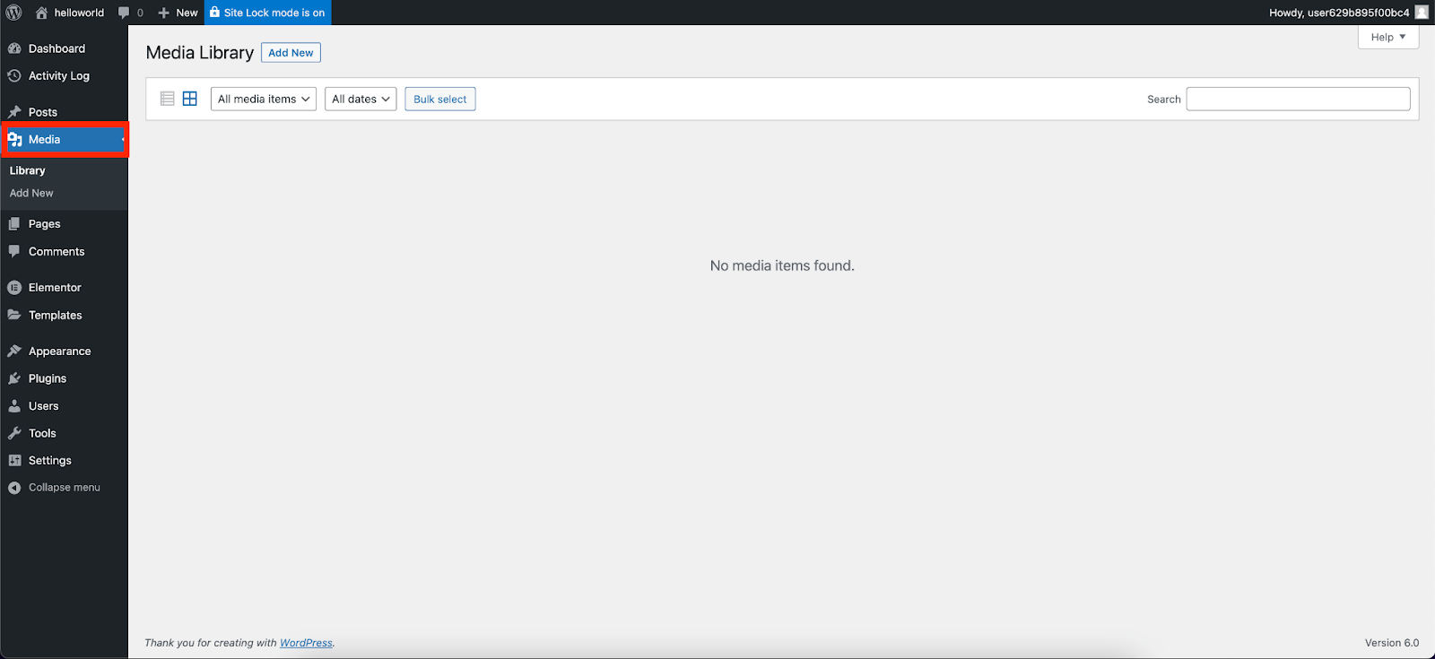 Screenshot of WordPress Media tab. This features sub-sections like Library and Add New.