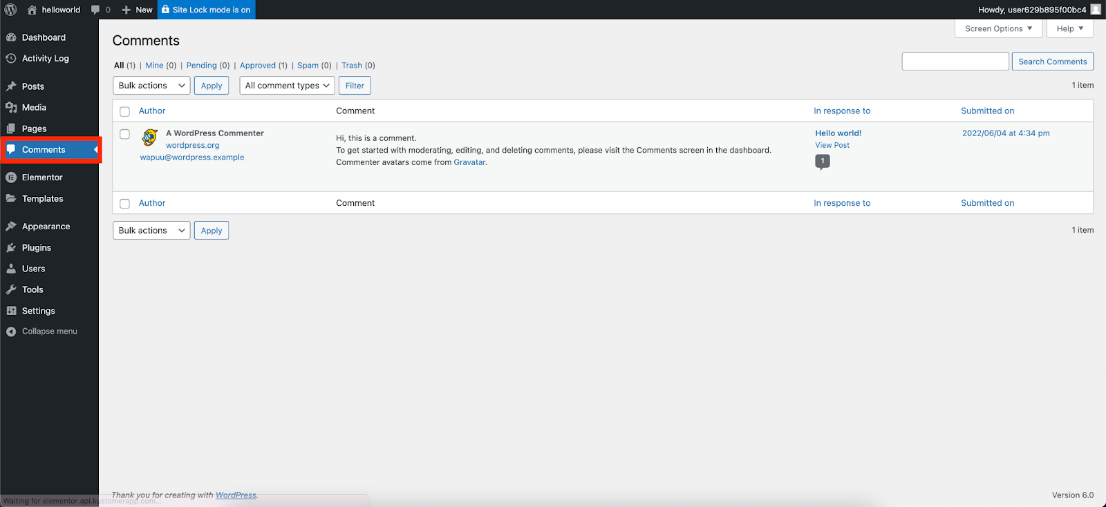 Screenshot of WordPress Comments tab. This includes options like moderate, edit, and delete comments.